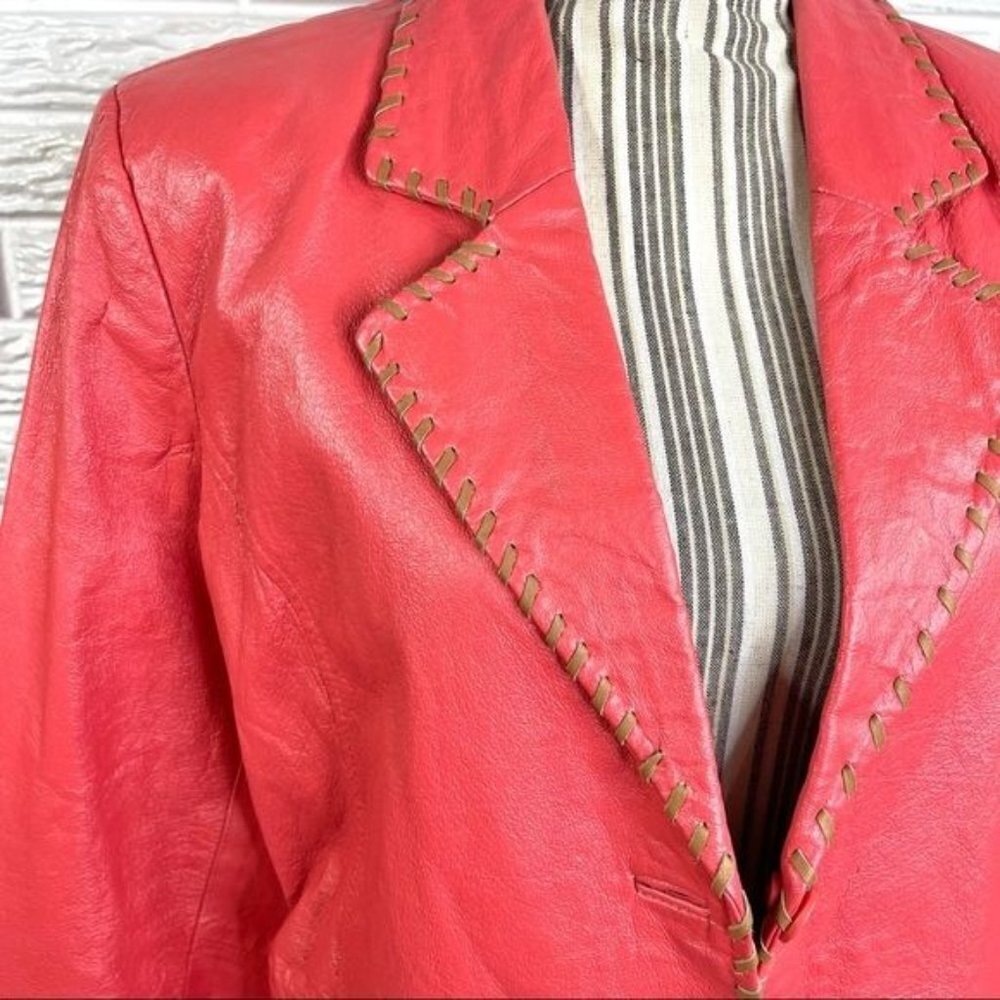 Vintage Metro Style Coral Genuine Leather Size 16 Tan Embroidered Trim - Picture 3 of 9